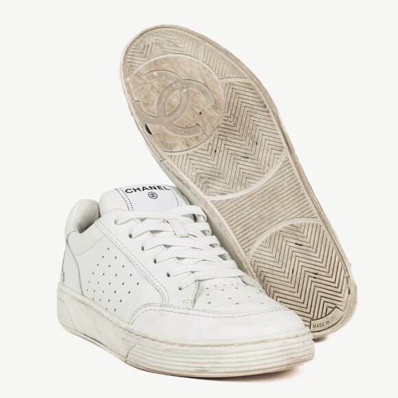 Chanel White Perforated Logo Leather Lace-Up Sneakers - Picture 4 of 12